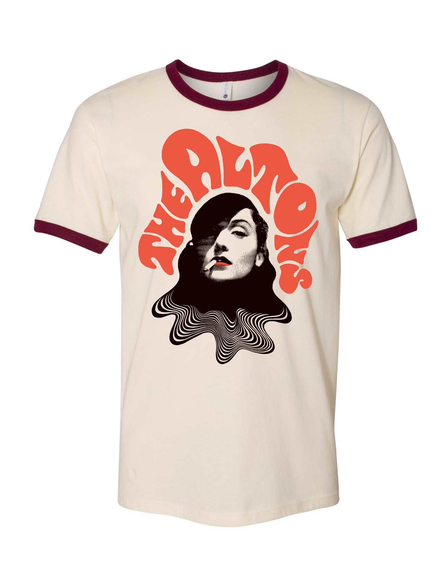 The Altons burgundy and cream ringer t shirt with smoking girl graphic