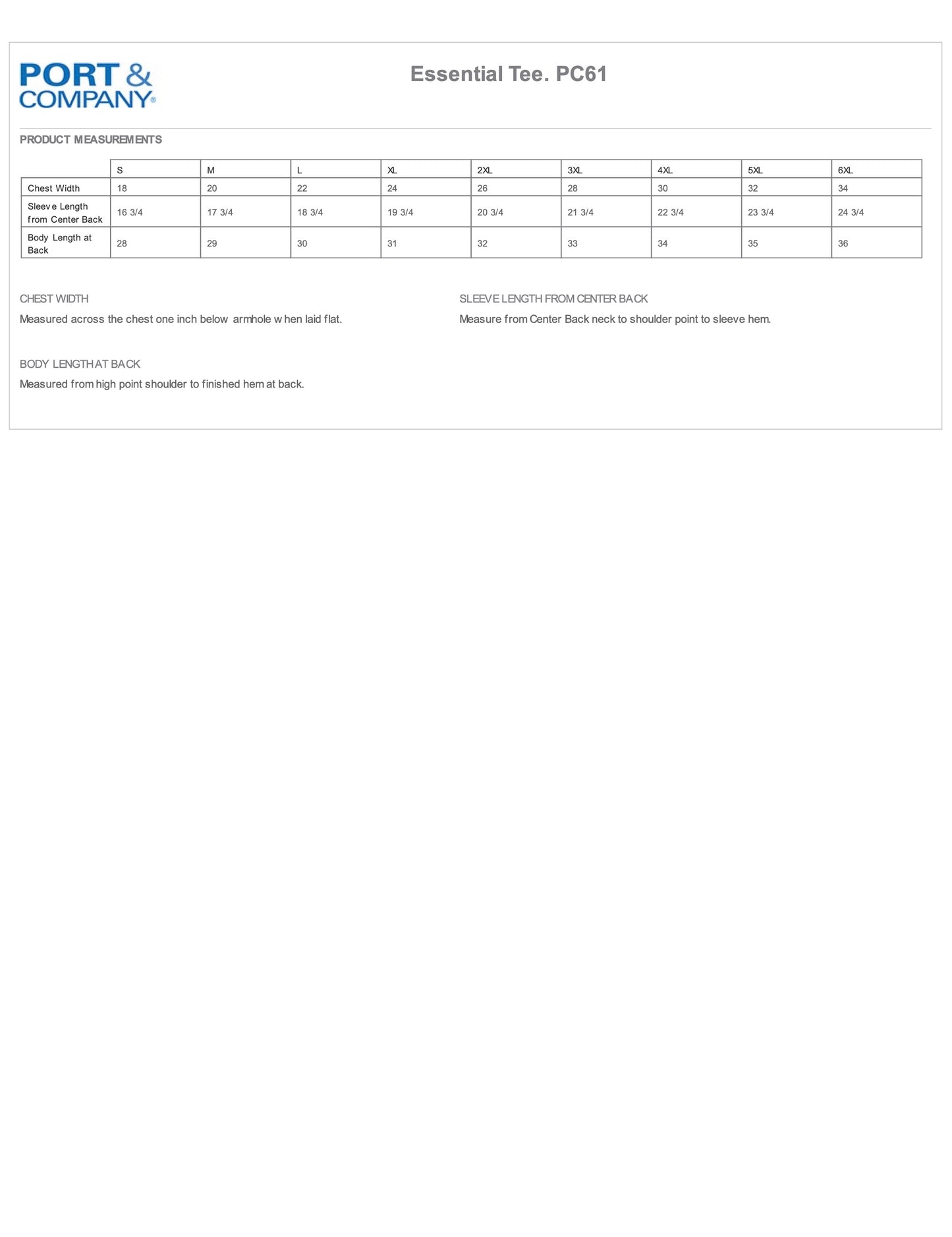 PC61 size chart