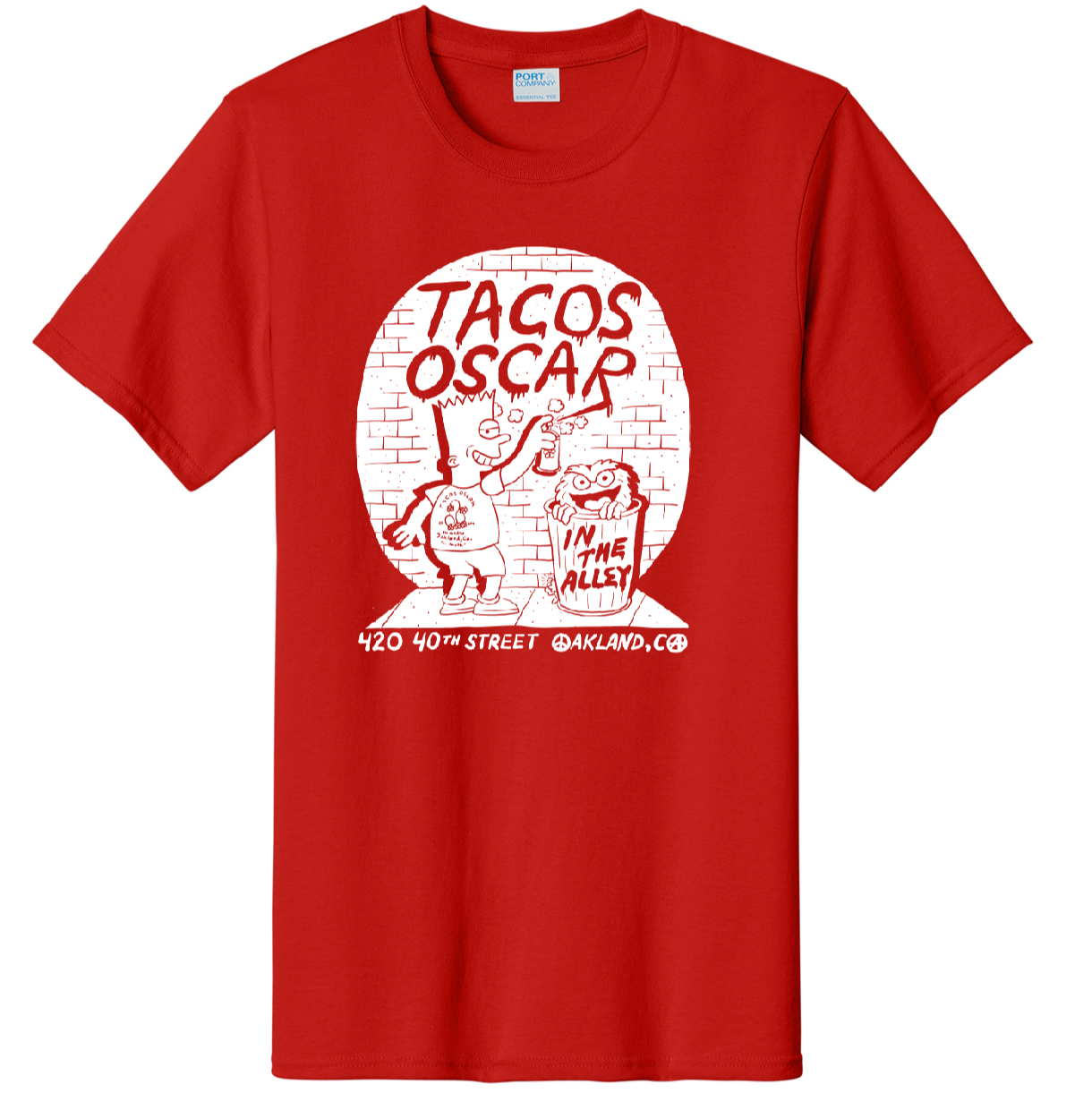 Tacos Oscar Bart Tee white ink on red pc61 t-shirt