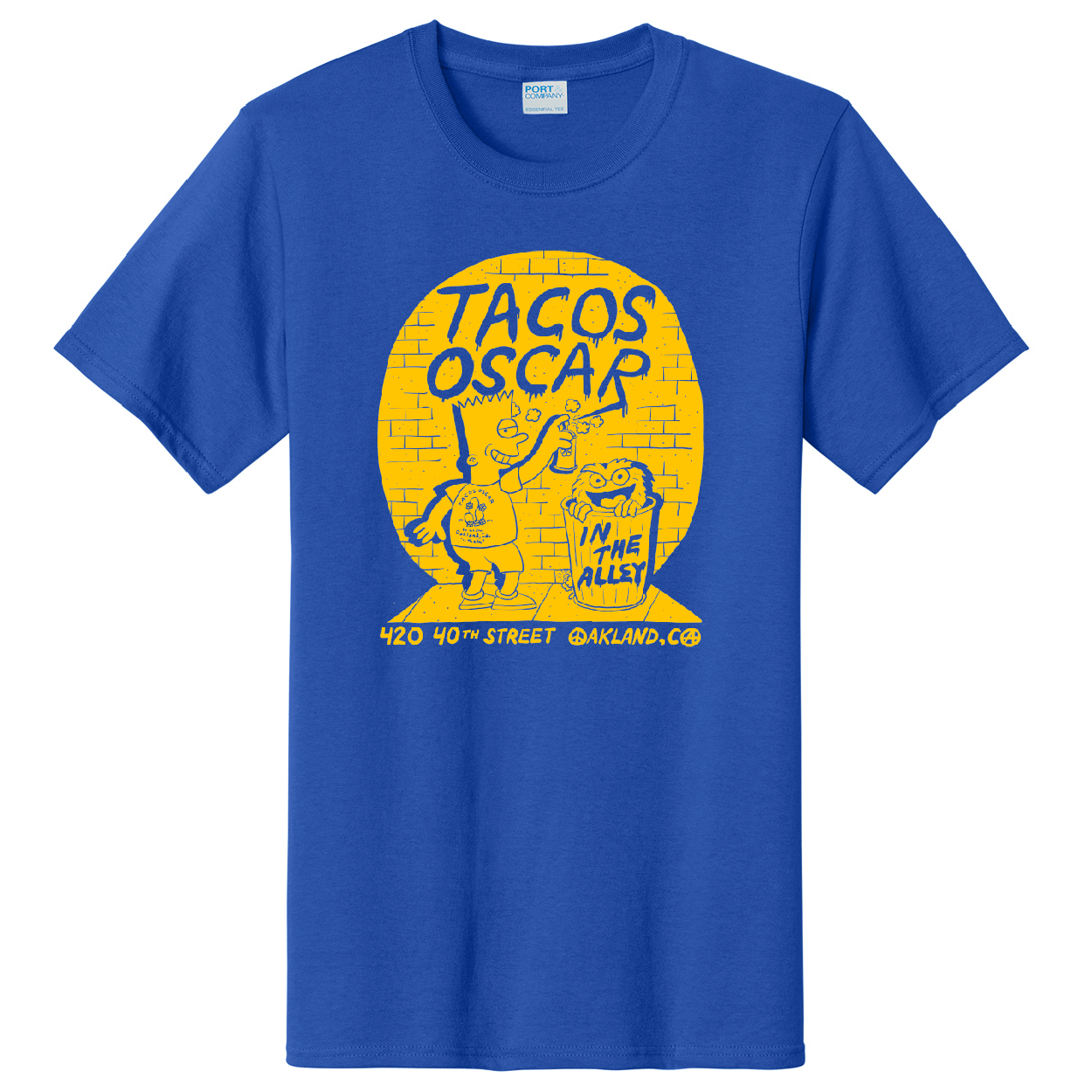 Tacos Oscar Bart Tee yellow ink on blue pc61 t-shirt