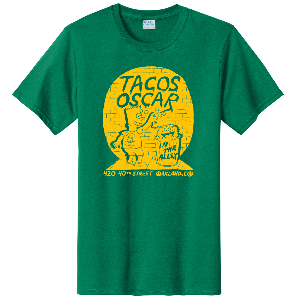 Tacos Oscar Bart Tee yellow ink on green pc61 t-shirt