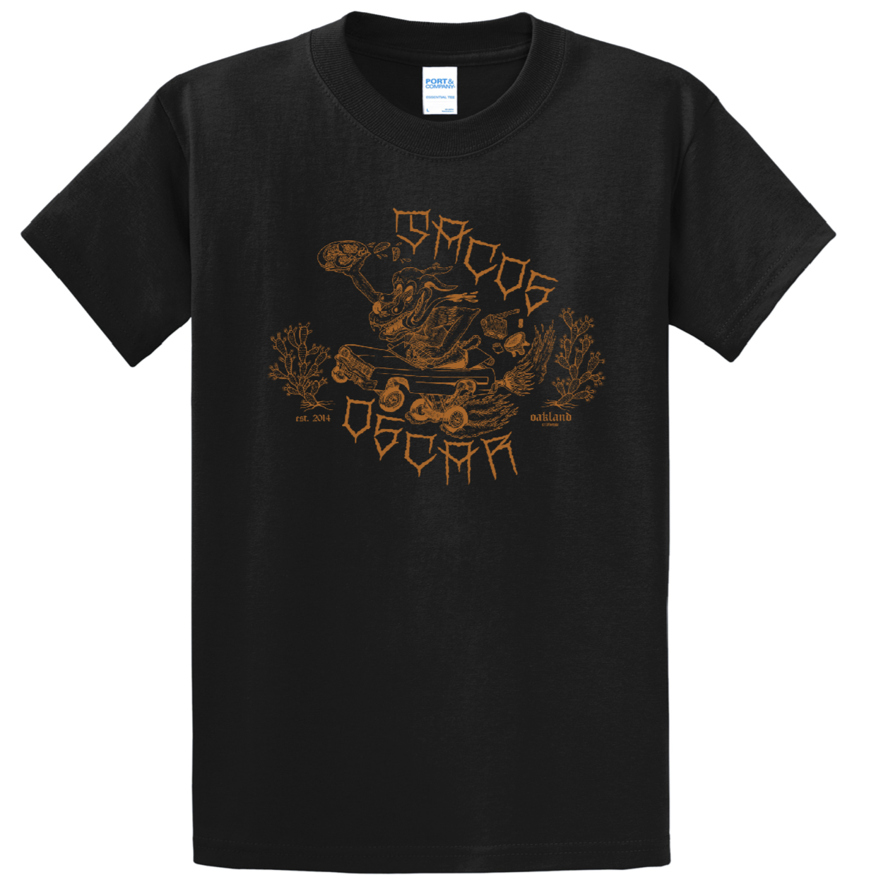 Tacos Oscar Doggie Tee brown ink on black PC61 shirt