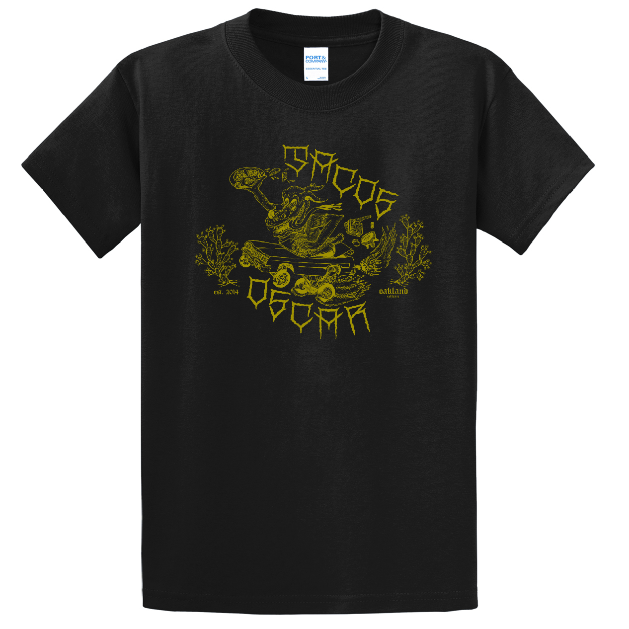 Tacos Oscar Doggie Tee olive green ink on black pc61 t-shirt