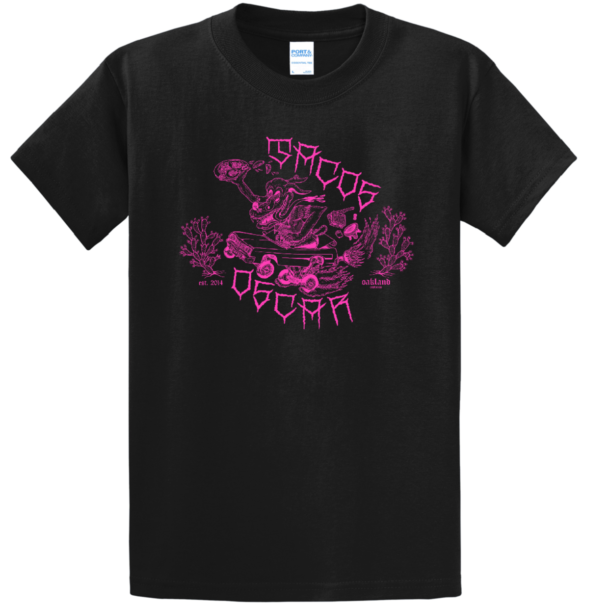 Tacos Oscar Doggie Tee pink ink on black pc61 t-shirt