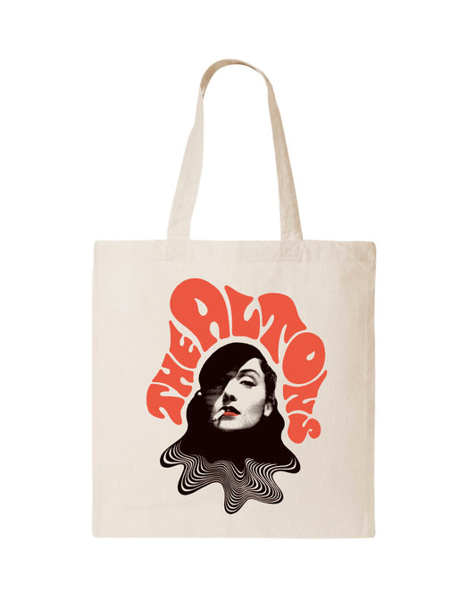 natural tote bag with The Altons smoking girl graphic