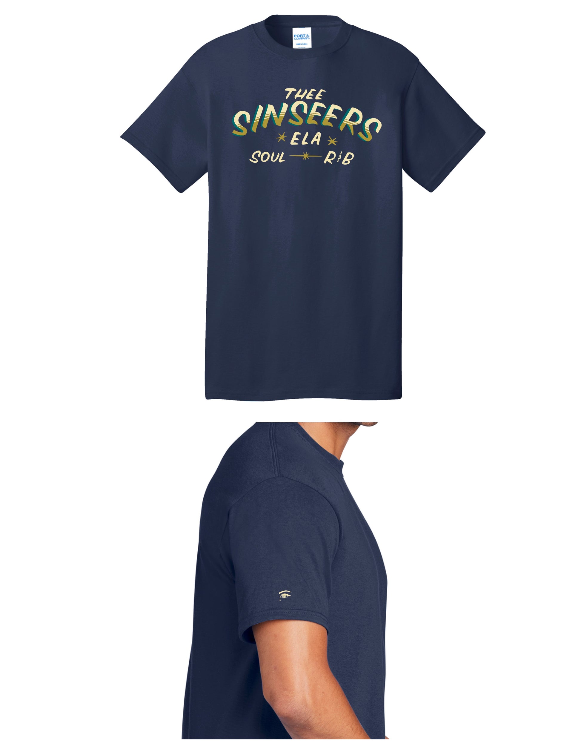 Thee Sinseers blue t-shirt with front and sleeve print in classic sign painter and pinstripe style