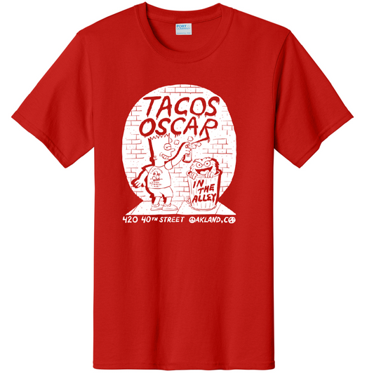 Tacos Oscar Bart Tee white ink on red pc61 t-shirt