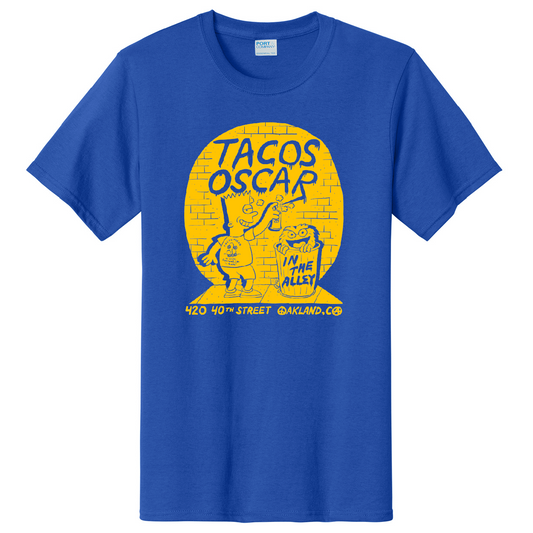 Tacos Oscar Bart Tee yellow ink on blue pc61 t-shirt
