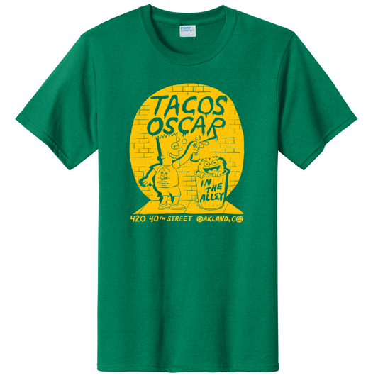 Tacos Oscar Bart Tee yellow ink on green pc61 t-shirt