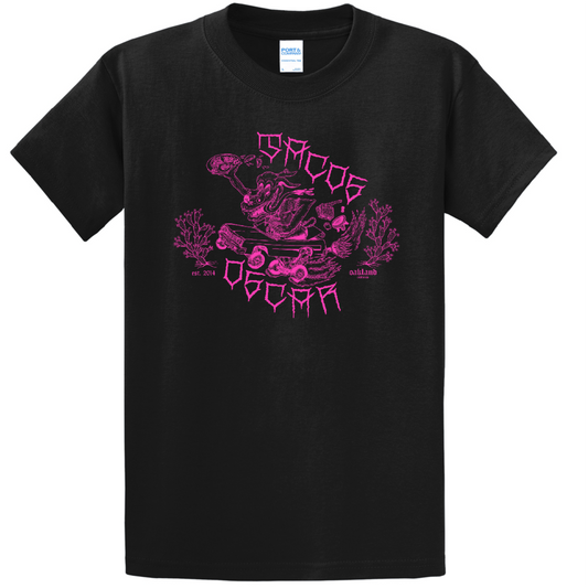 Tacos Oscar Doggie Tee pink ink on black pc61 t-shirt