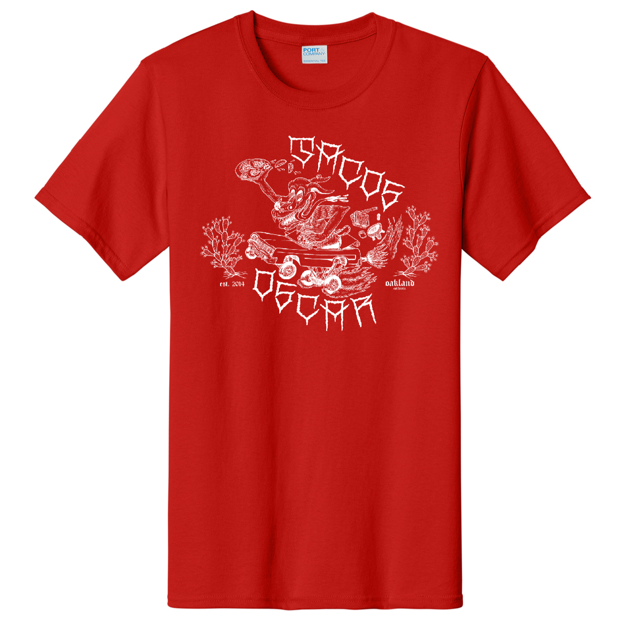 Tacos Oscar Doggie Tee white ink on red pc61 t-shirt