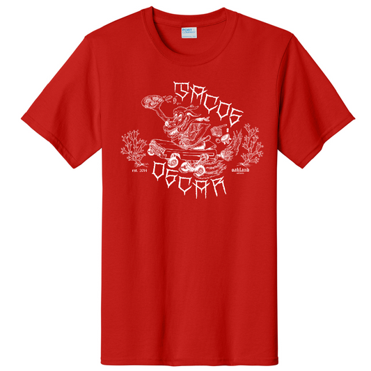 Tacos Oscar Doggie Tee white ink on red pc61 t-shirt
