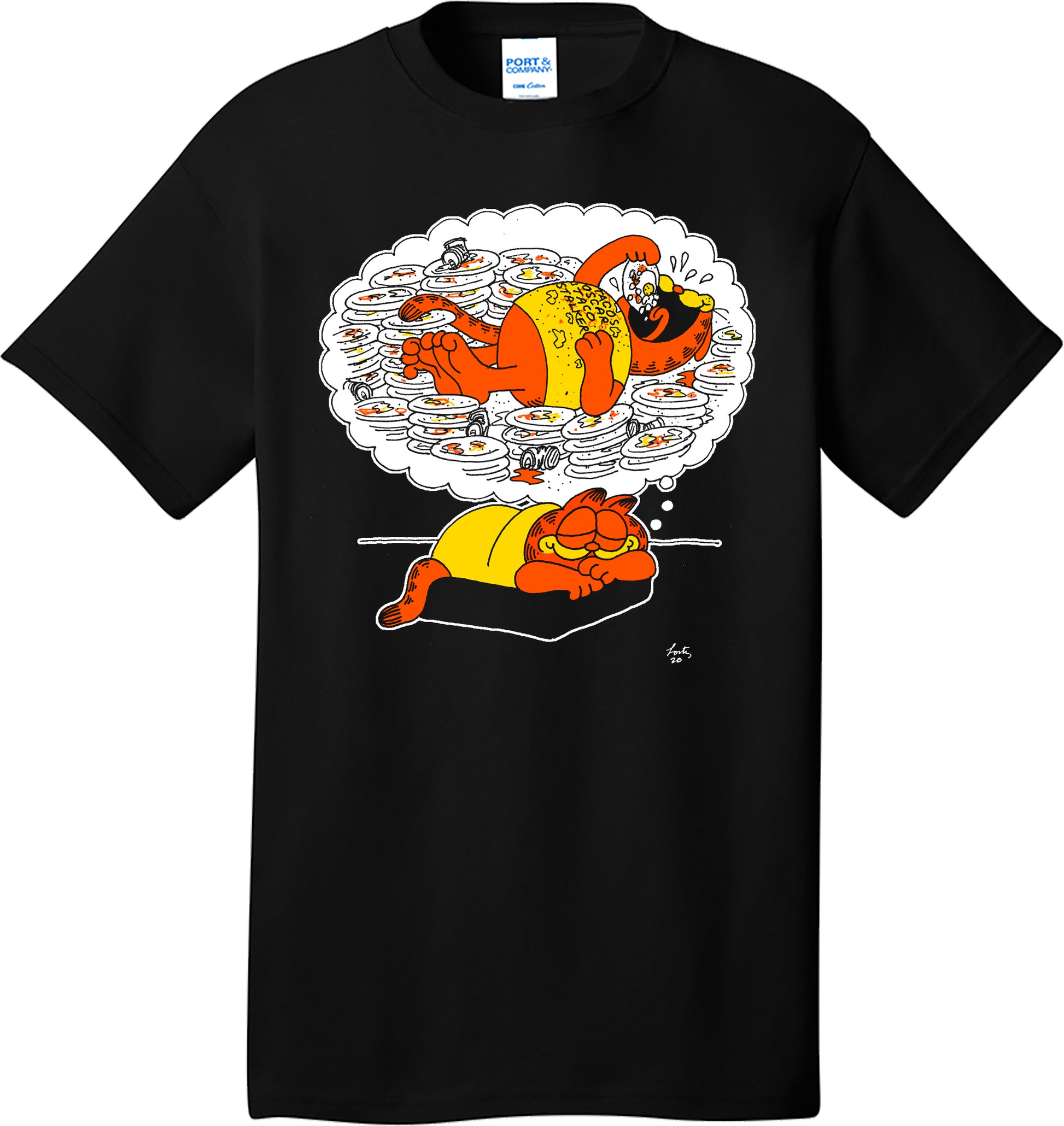 Tacos Oscar Taco Gato Garfield dreaming of eating tacos on a black t shirt