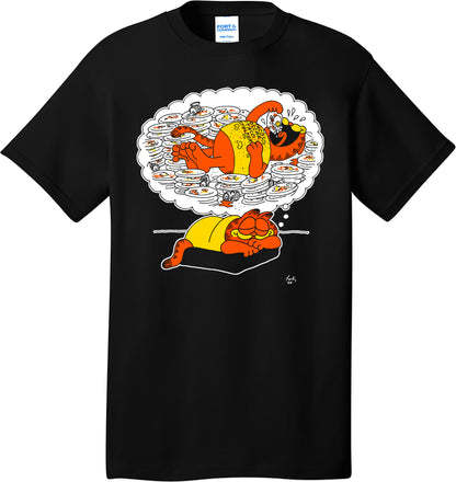 Tacos Oscar Taco Gato Garfield dreaming of eating tacos on a black t shirt